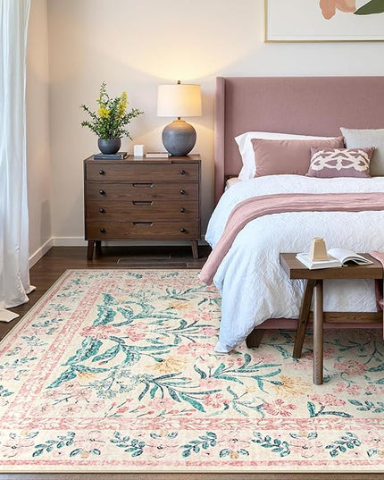 Wonnitar Floral Large Rugs for Living Room, Soft Light Pink Rug Washable 9x12 Carpet Non Slip, Boho Foldable Non-Shedding Kids Carpet for Bedroom Girls Nursery Dorm Playroom