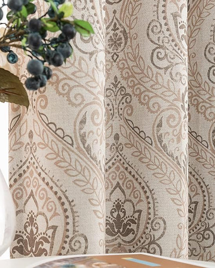 jinchan Linen Textured Curtains for Living Room Darkening 72 Inch Length, Medallion Drapes for Bedroom, Damask Pattern Window Treatments Vintage Curtain Panels, 2 Panels Taupe on Greige