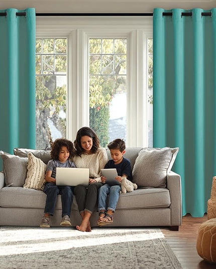 JIUZHEN Turquoise Blackout Curtains with Tiebacks Thermal Insulated, Light Blocking and Noise Reducing Grommet Curtains for Bedroom and Living Room, Set of 2 Window Curtain Panels, 60 x 84 Inch Length