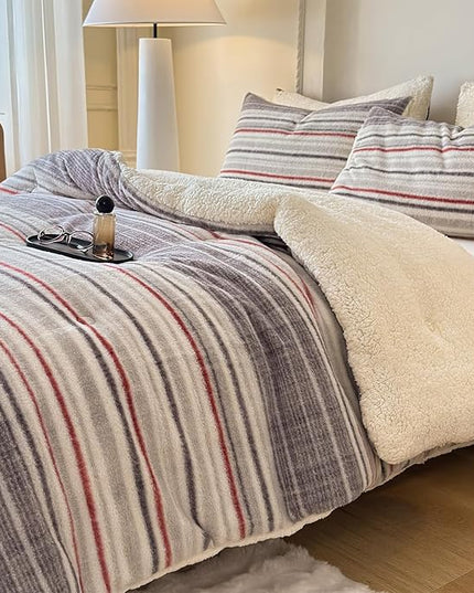 Cyusri Striped Sherpa Comforter Set 3Pcs Fluffy Warm Fleece Down Alternative, Grey Red Bedding Set with 2 Pillowcases, King Size 104"x90"