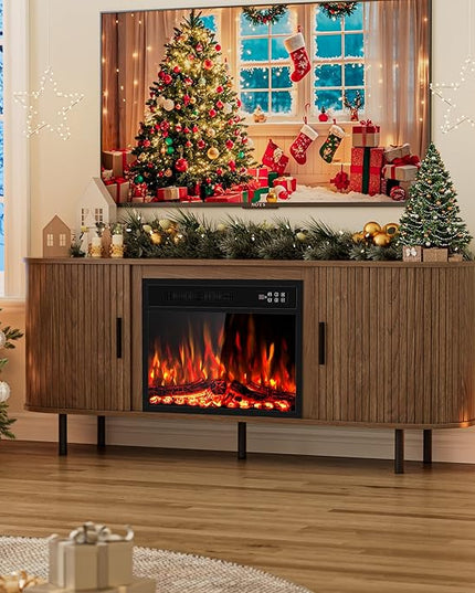 65" Fluted Fireplace TV Stand for TVs Up to 75 inches, Modern Entertainment Center with 23" Electric Fireplace, Wooden Curved TV Console with Sliding Doors for Living Room, Walnut