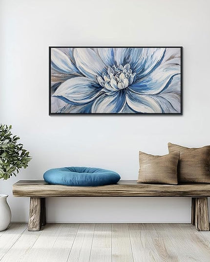 Pogusmavi Blue Floral Wall Art for Living Room - Large Textured Flower Pictures for Bedroom - Canvas Paintings, Extra Large Blue and White Wall Decor Dining Room Artwork for Walls 20×40IN