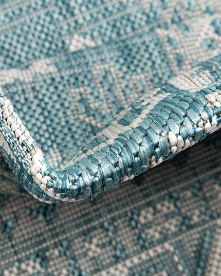 Rugs.com Outdoor Aztec Collection Rug – 4 Ft Round Aqua Flatweave Rug Perfect for Kitchens, Dining Rooms