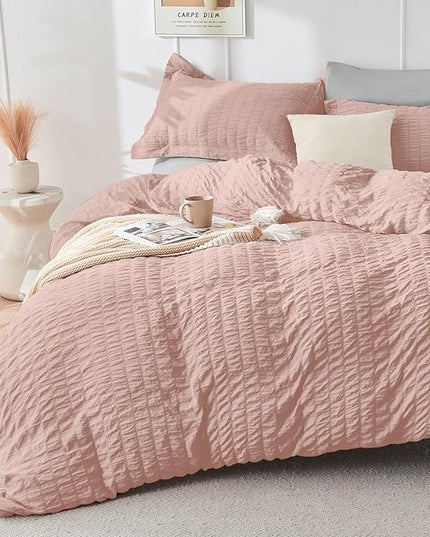 HYMOKEGE Rose Gold/Light Grey King Size Comforter Set Seersucker 7 Pieces, All Season Luxury Bed in a Bag for Bedroom, Bedding Set with Comforter, Sheets, Pillowcases & Shams