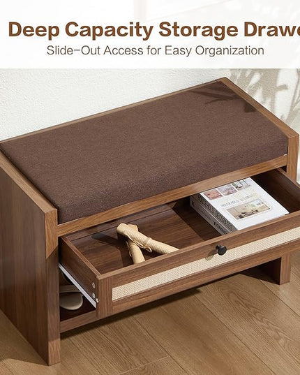 Rattan Shoe Bench Entryway Bench with Storage Drawer and Linen Seat Cushion, Farmhouse Boho Shoe Rack Bench, Wooden Storage Bench for Entryway Hallway and Bedroom - Oak