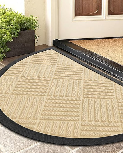 Smiry Half Circle Front Door Mat Outside Entrance, Heavy Duty Outdoor Indoor Natural Rubber Doormat, Non Slip, Trap Dirt and Moisture, Easy Clean, Low Profile Patio Porch Entryway Mat, 29.5x17, Beige