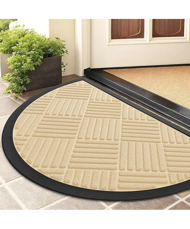 Smiry Half Circle Front Door Mat Outside Entrance, Heavy Duty Outdoor Indoor Natural Rubber Doormat, Non Slip, Trap Dirt and Moisture, Easy Clean, Low Profile Patio Porch Entryway Mat, 29.5x17, Beige