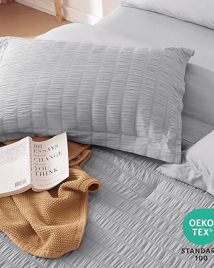 MUXHOMO 7 Pieces King Comforter Set, Seersucker Bed in a Bag King Size, All Season Luxury Bedding Set with Comforter, Flat Sheet, Fitted Sheet, Pillowcases & Shams, Light Grey