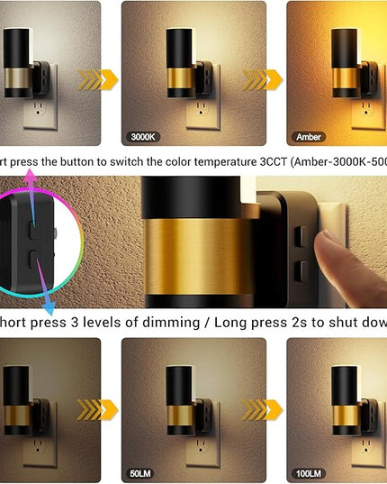 JandCase Plug in Night Light, Rotating Night Light with 3 Colors, 3000K/5000K/Amber, Dimmable Night Lights with Dusk to Dawn Sensor, 360°Rotatable, LED Nightlight for Bathroom Bedroom Hallway, 2 Pack