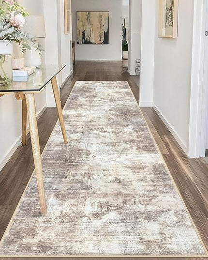 IOHOUZE Abstract Runner Rug 3x10 Ft Washable Runners for Hallways, Non Slip Kitchen Runner Printed Faux Wool Entryway Runner Indoor, Modern Abstract Floor Carpet for Hall Kitchen Bedroom, Beige Brown