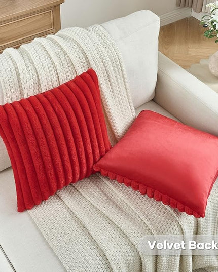 FUTEI Christmas Red Throw Pillow Covers Set of 2, 28x28 Inch Striped Texture Euro Pillow Shams with Soft Faux Rabbit Fur Front & Velvet Back, Modern Decorative Couch Pillows for Living Room