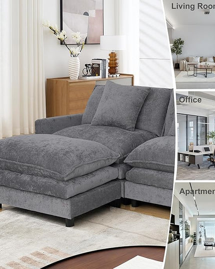 Modular Sectional Sofa,108.27'' Modern Sofa Sleeper Couch with 3 Seat & 1 Ottoman & 3 pillows Sofa Set,Comfy Cloud Couches with Movable Ottoman Deep Seat Sofa for Living Room Chenille (Gray, L Shaped)
