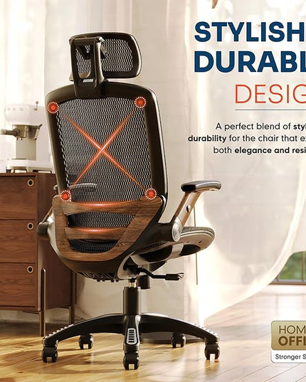 GABRYLLY Ergonomic Office Chair, High Back Home Desk Chair with Headrest, Flip-Up Arms, 90-120° Tilt Lock and Wide Cushion, Big and Tall Mesh Chairs for Man Woman, Black Task Chair(Dark Woodgrain)