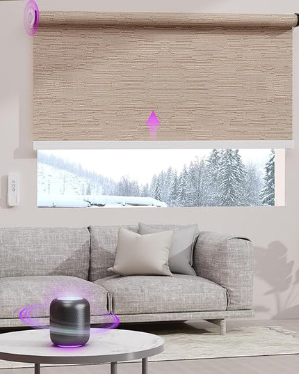 Astomi Motorized Roller Shades for Windows, Blackout Automatic Blinds with Remote, Smart Blinds, Voice Control, Compatible with Alexa, Google, Custom Size (Natural Wood)