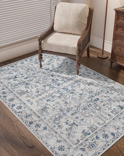 jinchan Lima Vintage Area Rug 3x5 for Entryway - Machine Washable Stain Resistant Non-Slip Low Pile Ultra-Thin Floral Print Indoor Rug for Kitchen Bedroom Living Room (3x5ft, Blue)