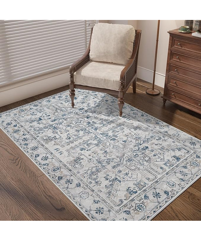 jinchan Lima Vintage Area Rug 3x5 for Entryway - Machine Washable Stain Resistant Non-Slip Low Pile Ultra-Thin Floral Print Indoor Rug for Kitchen Bedroom Living Room (3x5ft, Blue)