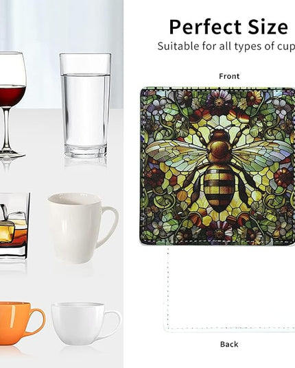 Marble Coasters Square Leather Drinks Coaster Set with Holder for Coffee Table Bar Home Decor 4 Inches Set of 6 (Bee, One Size)