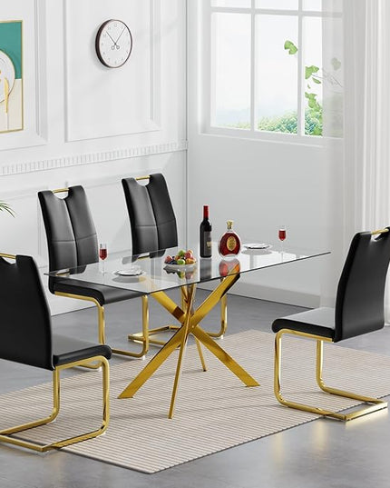 5 Piece Glass Dining Table Set, Glass Kitchen Dining Room Table Set for 4, 61" Modern Rectangular Gold Glass Metal Dining Table with 4 Black PU Leather Dining Chairs for Kitchen Dining Room