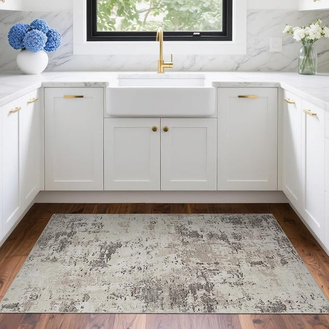 Modern Abstract 2x3 Area Rug Non Slip Non Shedding Low Pile Stain Resistant Rug for Entryway Kitchen Bedroom,Brown Grey