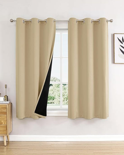 ChrisDowa 100% Blackout Curtains 63 inch Long for Bedroom with Black Liner, 2 Thick Layers Total Blackout Thermal Insulated Grommet Window Curtains 2 Panels Set (Beige, 38 x 63 Inch)