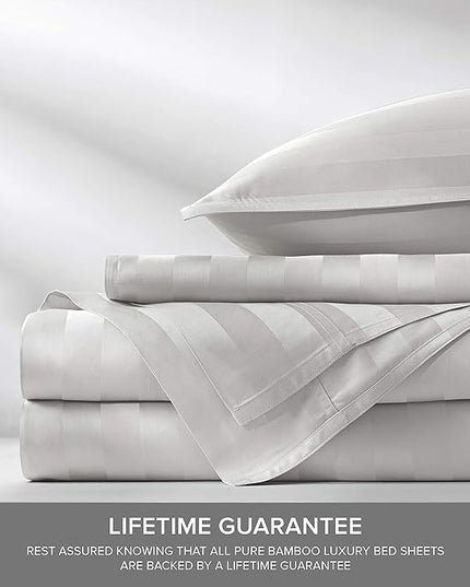 Pure Bamboo Split King Sheets, Genuine 100% Organic Viscose Derived from Bamboo Bed Sheet Set, Soft & Cooling, Double Stitching, 2 Fitted Sheets (Split King, Jacquard White)