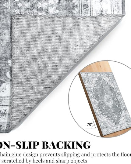 MUJOO Grey Runner Rug 2'x6', Long Washable Rug Runners for Hallways Entryway Kitchen Bathroom Bedside,Boho Vintage Bohemian Distressed Farmhouse Non Slip Carpet,Floral