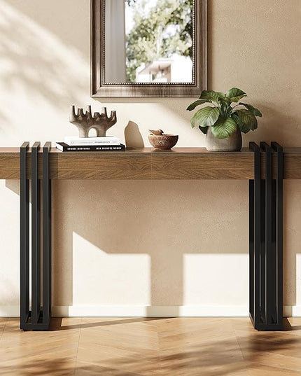 63" Long Console Table for Entryway - Behind Couch Table for Living Room, Wood Sofa Tables with Black Parallel Metal Frame & Power Outlet for Hallway, Entrance, Narrow Foyer, Walnut