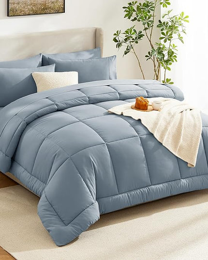 CozyLux Full Size Comforter Sets Grayish Blue, 7 Pieces Bed in a Bag, Blue Comforter Full Size, All Season Bedding Sets with Stitch Quilted Comforter, Flat Sheet, Fitted Sheet, Pillowcases