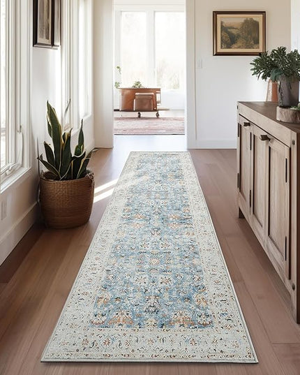 jinchan Hallway Runner Rug 2x10 - Vintage Kitchen Rug Washable Runner Floral Boho Floor Cover Lightweight Non Slip Thin Retro Distressed Carpet for Bathroom Laundry Room Bedroom Stairway Light Blue