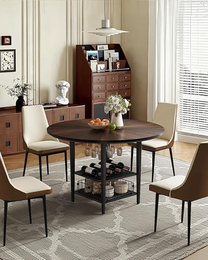 VFK 47" Round Kitchen Table Set with Storage Base & Metal Legs, 5-Piece Wooden Dining Set for 4 to 6 People, Includes 4 Upholstered Chairs for Dining Room, Living Room or Kitchen