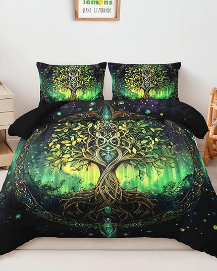 AILONEN Tree of Life Bedding Queen, Green Plant Starry Bohemia Comforter Set, Soft Lightweight Comforter Set, Exotic Boho Bedding 3-Piece, 1 Comforter + 2 Pillowcases