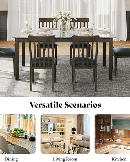 AMERLIFE 7-Piece Dining Table Set with 6 PU Leather Upholstered Chairs, Heavy-Duty Solid Wood Set with 71" Faux Marble Modern Table for Kitchen & Dining Room, Dark Brown