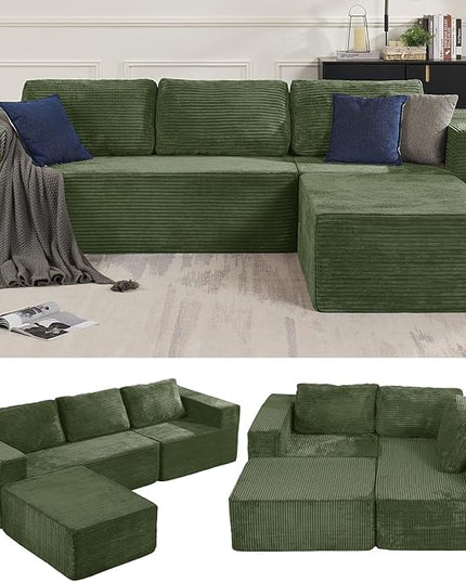106" Modular Sectional Sofa with L-Shape Chaise, Right/Left Facing Deep Seat Cloud Couch, No Assembly Required, Upholstered Couch for Living Room Bedroom (Plush Corduroy Fabric, Green)