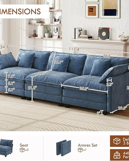 WorthFurni 111.4” Cloud Couch, Modular Sectional Sofa, Comfy Modern 3-Seater Couches with Pillows & Upholstered Deep Seat Cushion for Living Room Apartment Bedroom (Blue)