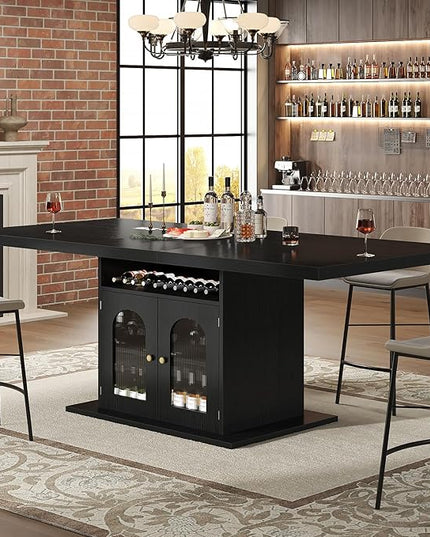 HSH Black Dining Table for 4 to 6, Modern Kitchen Dining Room Table with 3-Tier Storage Shelf and Acrylic Door Cabinet, Rectangular Wooden Dinner Tables for Home Kitchen Living Room, Black Oak，63 in