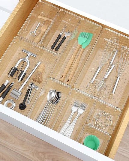 13 PCS Clear Plastic Drawer Organizers Set, 4 Size Desk Drawer Organizer Trays for Makeup, Jewelry, Kitchen Utensils, Gadgets and Office Accessories