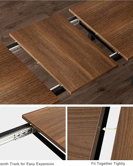 Feonase 5-Piece Dining Table Set for 4-8 People, 63" Extendable Kitchen Table with 2 Benches and 2 Square Stools, Mid-Century Modern Wooden Dining Room Table, Space-Saving, Walnut