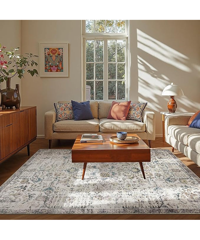 jinchan Kalen Area Rug 6x9 Washable Living Room Rug Vintage Indoor Large Floor Cover Retro Distressed Floral Country Boho Lightweight Non Slip Thin Carpet for Kitchen Bedroom Dining Room Office Blue