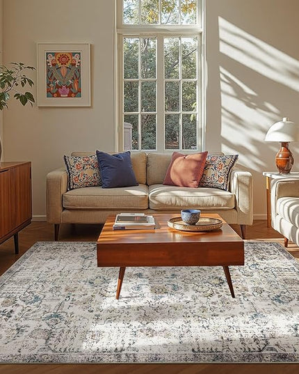 jinchan Kalen Area Rug 6x9 Washable Living Room Rug Vintage Indoor Large Floor Cover Retro Accent Mat Distressed Floral Country Boho Non Slip Thin Carpet for Bedroom Dining Room Office Blue Multi