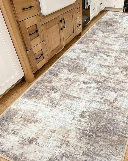 IOHOUZE Abstract Runner Rug 3x14 Ft Washable Runners for Hallways, Non Slip Kitchen Runner Printed Faux Wool Entryway Runner Indoor, Modern Abstract Floor Carpet for Hall Stair, Beige Brown