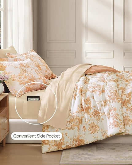 Full Comforter Set -7 Pieces Autumn Leaf Floral Comforter Set for All Seasons, Bed in a Bag Full with Botanical Flowers Comforter, Sheets, Pillowcases & Shams
