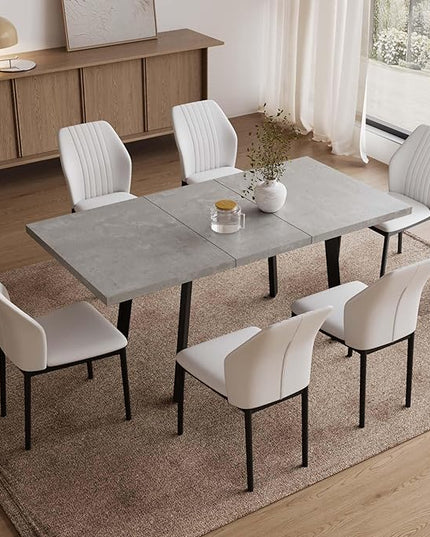 47.2"- 62.9" Extendable Dining Table Set for 6, Modern Kitchen Table with 6 PU Leather Chairs, Thickened Expandable MDF Wooden Table with Metal Legs for Dining Room, Kitchen, Office
