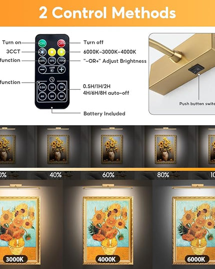 Picture Light for Wall Battery Operated, 20" Rechargeable Art Light with Remote and Timer for Painting, 9000mAh Wireless Wall Light for Display, Artwork, Portrait, Gallery, Gold