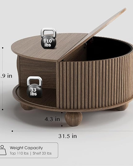 Round Coffee Table with Storage, 31.5" Circle Coffee Table with Sliding Door & Bun Feet, Fluted Center Table for Living Room, Home Small Space, Walnut