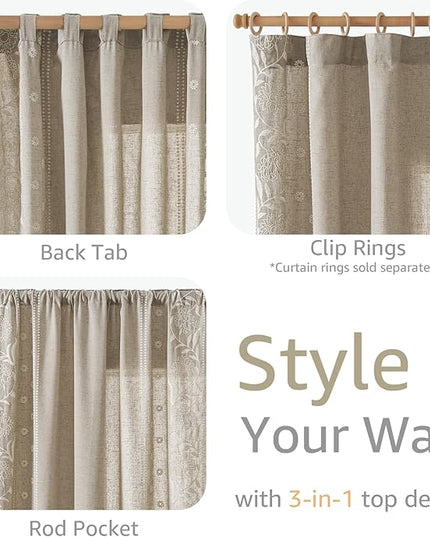 jinchan Winslow Linen Curtains for Bedroom 63 Inches Length Embroidered Bordered Floral Curtains for Living Room Farmhouse Decor Light Filtering Window Treatments Ivory on Taupe Drapes 2 Panels