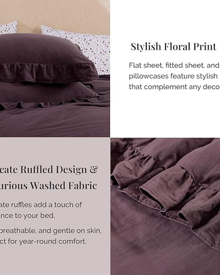 Full Comforter Set - 7 Pieces Ruffle Purple Bedding Sets, Shabby Chic Farmhouse Bed in a Bag Full with Ruffle Comforter, Floral Sheets, Pillowcases & Shams