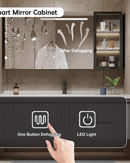 Grey Bathroom Vanity With Sink - 32IN Bathroom Vanity Include Smart Defog Mirror Cabinet & LED Light & 2 Drawers | Side Cabinet Storage Design & Three-Dimensional Stripe Design, Easy to Install
