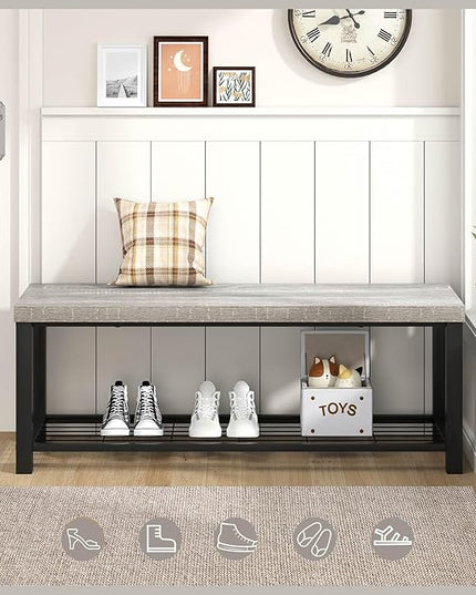 FOLUBAN Entryway Bench, Rustic Wood and Metal Shoe Storage Bench for Hallway Front Door Entrance, Industrial Indoor Bench for Bedroom Living Room, 43.3 Inch Light Grey