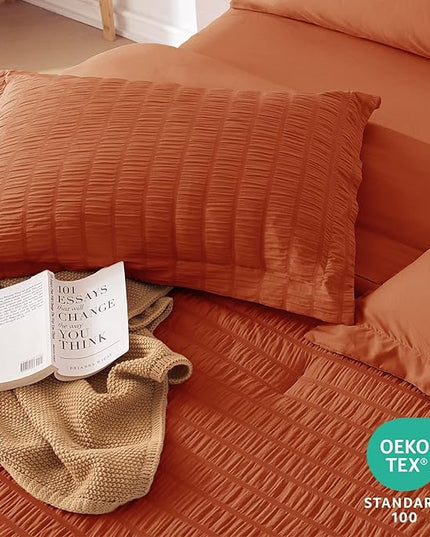MUXHOMO 7 Pieces King Comforter Set, Seersucker Bed in a Bag King Size, All Season Luxury Bedding Set with Comforter, Flat Sheet, Fitted Sheet, Pillowcases & Shams, Burnt Orange