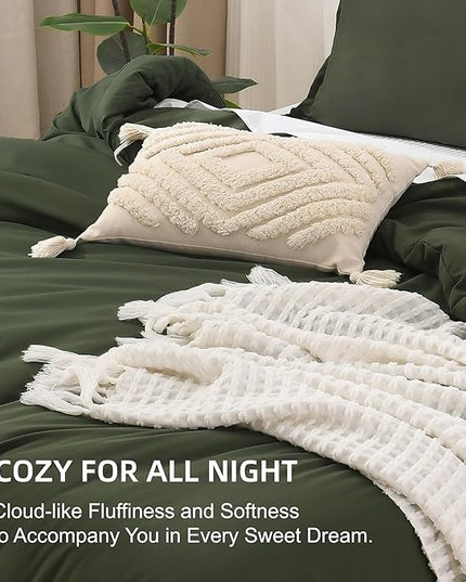 Litanika Dark Olive Green Comforter Set King, 3 Pieces Solid Bedding Comforter Set, All Season Fluffy Bed Set (104x90In Comforter & 2 Pillowcases)